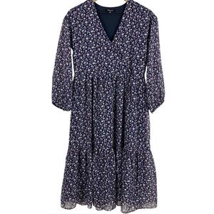 Madewell Tie-Waist Midi Dress Harvest Vine Blue Floral 2XS Sheer 3/4 Sleeve